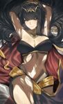 1girl 1girl alluring arms_up big_breasts black_hair blunt_bangs blush bodystocking bound bound_arms cape circlet cleavage fire_emblem fire_emblem_awakening fire_emblem_warriors high_res intelligent_systems levvimi long_hair looking_at_viewer navel nintendo skin_tight smile sweat tharja_(fire_emblem) torn_bodystocking torn_clothes two-tone_cape