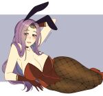 1girl 1girl alluring alternate_costume arms_behind_head big_breasts big_breasts blue_eyes bunny_ears bunny_girl bunnysuit cleavage cryptid_crab earrings fire_emblem fire_emblem_echoes:_shadows_of_valentia fire_emblem_gaiden fishnet_legwear fishnets gloves intelligent_systems long_hair nintendo on_side pose purple_hair sonya_(fire_emblem) thick_thighs