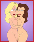 1girl 2_girls bedroom_eyes big_breasts blonde_hair breast_press breast_to_breast breasts brown_hair dr._amanda_rebecca family_guy female_focus female_only hugging imminent_sex imminent_yuri lana_lockhart multiple_girls nude nude_female symmetrical_docking tjlive5 yuri