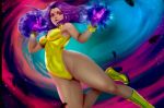 1girl big_breasts boots breasts caucasian clothed dc_comics forehead_jewel galaxy gold high_heel_boots hips legs leotard lips looking_at_viewer purple_eyes purple_hair raven_(dc) revealing_clothes sexy slut space teen_titans thick_thighs thong_leotard wrist_cuffs yellow_leotard