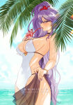 1girl alluring alternate_costume beach cleavage covered_erect_nipples drinking_straw fire_emblem fire_emblem:_genealogy_of_the_holy_war flower food hair_flower hair_ornament high_res high_side_ponytail intelligent_systems ishtar_(fire_emblem) nintendo one-piece_bikini palm_tree parfait purple_hair purple_nails sarong shade side_ponytail sideboob standing sumustard swimsuit thighs tree white_one-piece_bikini