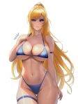 1girl 1girl alluring arm_strap big_breasts bikini blonde_hair blue_bikini blue_eyes closed_mouth collarbone cowboy_shot curvy feikyart groin high_ponytail high_res highleg highleg_bikini long_hair looking_at_viewer metroid navel ponytail samus_aran signature simple_background skindentation stomach swimsuit thigh_gap thigh_strap very_long_hair white_background