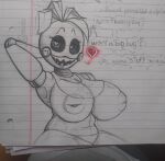 1girl 1girl 1girls animatronic animatronic_female breasts chicken chicken_girl five_nights_at_freddy's five_nights_at_freddy's_2 ghosthaunted142 heart-shaped_pupils huge_breasts nipples paper robot robot_girl robot_humanoid scottgames sketch sketch_page toy_chica_(fnaf)