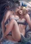 2_girls arm_at_side axsens bed big_breasts blonde_female blonde_hair blue_eyes breast_press breasts brown_eyes cleavage collarbone couple duo eye_contact fairy_tail female/female female_moaning female_only from_above girl_on_top grey_hair grey_tubetop hair_between_eyes half-closed_eyes incipient_kiss legs lips lipstick long_hair looking_at_another love lucy_heartfilia lying lying_on_bed makeup medium_breasts midriff mirajane_strauss moaning moaning_in_pleasure multiple_girls mutual_yuri neck on_bed one_eye_closed parted_lips pink_lipstick romantic romantic_couple round_teeth short_hair silver_hair straight_hair strapless teeth thighs tied_hair tubetop upper_teeth upper_teeth_only wince yuri