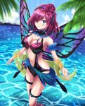 1girl 1girls alluring alternate_costume bangs bare_shoulders black_bikini blue_eyes blue_sky butterfly_wings cleavage cloud cosplay facial_mark fairy_wings fire_emblem fire_emblem_heroes hair_ornament hair_over_one_eye high_res intelligent_systems kakiko210 looking_at_viewer medium_hair navel nintendo ocean one-piece_bikini plumeria_(fire_emblem) plumeria_(fire_emblem)_(cosplay) purple_hair sky swimsuit thorns triandra_(fire_emblem) veil wings