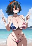 1girl ai_generated american_flag_bikini big_breasts bikini black_hair breasts female_focus female_only huge_breasts long_hair looking_at_viewer mature_female navel ponytail truck-kun_art zenless_zone_zero zhu_yuan