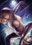 1girl arm_up axsens black_bodysuit blonde_female blonde_hair blue_eyes blush bodysuit breasts breasts_out breasts_out_of_clothes breasts_outside building city cityscape cloud embarrassed female_only female_solo full_moon gwen_stacy hair_between_eyes heroine hooded hooded_bodysuit hoodie lips lipstick looking_to_the_side makeup marvel marvel_comics medium_breasts moon multicolored_bodysuit multicolored_clothes navel night night_sky nipples no_mask outside panties parted_lips pink_lipstick purple_panties purple_underwear short_hair shy skin_tight sky spider-gwen spider-man_(series) spider_web spread_legs superhero_costume superheroine swinging teenage_girl two-tone_bodysuit underwear web white_bodysuit