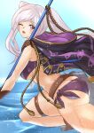 1girl 1girl alluring ass belt big_breasts bikini blush brown_gloves butt_crack deekei fire_emblem fire_emblem_awakening fire_emblem_heroes fire_emblem_warriors fishing_net gloves grey_hair high_res intelligent_systems jewelry long_hair looking_at_viewer medium_breasts nintendo o-ring o-ring_bikini official_alternate_costume one_eye_closed open_mouth polearm purple_bikini purple_eyes robe robin_(fire_emblem) robin_(fire_emblem)_(female) robin_(summer)_(fire_emblem)_(female) sideboob skindentation smile swimsuit thighs trident twin_tails under_boob weapon