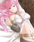 1girl 1girl 1girl alluring bare_thighs braid dancer dancer_outfit female_only fire_emblem fire_emblem_awakening fire_emblem_warriors hairband inner_thighs intelligent_systems looking_at_viewer medium_breasts naijmizuho nintendo olivia_(fire_emblem) on_back on_bed panties pink_eyes pink_hair thighs underwear white_panties