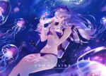 1girl air_bubble alluring alternate_costume artist_name bikini blurry blurry_foreground bubble closed_mouth commission depth_of_field diving_regulator fire_emblem fire_emblem:_three_houses glowing goggles goggles_on_head high_res intelligent_systems jellyfish light_rays long_hair lysithea_von_ordelia medium_breasts navel nintendo pink_eyes pressure_gauge purple_bikini scuba_gear scuba_tank second-party_source sumustard swimsuit twitter_username under_boob underwater watermark white_hair