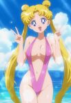 1girl 1girl adult_swim alluring bare_legs beach big_breasts bikini bishoujo_senshi_sailor_moon bishoujo_senshi_sailor_moon_r bishoujo_senshi_sailor_moon_r_the_movie bishoujo_senshi_sailor_moon_s bishoujo_senshi_sailor_moon_s_the_movie bishoujo_senshi_sailor_moon_supers bishoujo_senshi_sailor_moon_supers_the_movie blonde_hair blue_eyes blue_sky blush cleavage ocean sepia_tone_(artist) sling_bikini toei_animation toonami usagi_tsukino viz_media