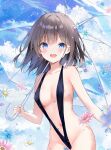 :d ai_assisted ai_generated areola bare_shoulders black_hair blue_eyes blush breasts collarbone day erotic erotic_costume flower high_res holding_umbrella looking_at_viewer medium_breasts navel open_mouth see-through short_hair slingshot_swimsuit thighs third-party_edit water_drop