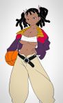  1girl bandage basketball basquash! belt big_breasts black_hair blush breasts bursting_breasts cleavage dark-skinned_female dreadlocks groin hand_on_hip huge_breasts jacket leaning_to_the_side long_hair midriff miyuki_ayukawa no_bra open_jacket purple_eyes simple_background smile standing twin_tails underboob white_background 