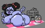 1girl 1girl 1girls 4_arms 5_eyes anus arachnid arachnid_humanoid ass back_view big_ass big_ass big_breasts big_nipples black_hair bow breasts breasts_out donut_anus grey_background maturecake muffet multi_arm multi_eye multi_limb presenting_anus presenting_ass purple_pussy purple_skin pussy sign spider spider_girl sticking_tongue_out table tied_hair tip_jar toby_fox undertale undertale_(series)
