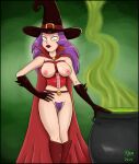 beauty_mark belt boots cape carpet_matches_the_drapes casual_nudity cauldron eek_the_cat! female_only green_background halloween leather_harness lipstick long_gloves pubic_hair purple_hair smiling_at_viewer the_black_mullet witch witch_hat