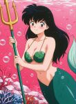 1girl 1girl accurate_art_style alluring big_breasts black_hair brown_eyes cleavage holding_trident inuyasha kagome_higurashi mermaid nightcore_(artist) pin_up seashell_bra trident underwater