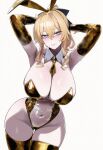 1girl ai_generated armpits arms_behind_head big_breasts breasts bunny_ears bunnysuit female_focus female_only genshin_impact jean_gunnhildr light-skinned_female light_skin looking_at_viewer stockings thick_thighs thighs truck-kun_art wide_hips
