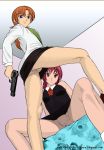  2girls :) art artist_request ass bare_legs bed black_dress black_skirt blue_eyes braid brown_hair closed_mouth dress dutch_angle formal from_below gun hiiragi_najica holding holding_gun holding_weapon humarittt_zzz_lila indoors legs lila long_hair long_sleeves looking_at_viewer looking_back multiple_girls najica_blitz_tactics najica_hiiragi naughty_face no_panties orange_eyes pencil_skirt purple_hair pussy short_dress sitting skirt sleeveless sleeveless_dress smile spread_legs standing suit twin_braids uncensored weapon yuri 