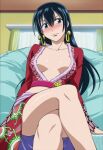 1girl beelzebub_(manga) black_hair blue_eyes blush boa_hancock_(cosplay) breasts breasts_apart cleavage collarbone crossed_legs dress earrings hair_between_eyes indoors jewelry kunieda_aoi long_hair looking_at_viewer medium_breasts midriff one_piece shiny shiny_hair shiny_skin sitting sweatdrop trewg001