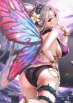 1girl 1girl absurd_res adjusting_clothes adjusting_swimsuit alluring alternate_costume ass big_breasts bikini black_bikini blush bracelet butt_crack commentary_request facial_mark fairy_wings fingernails fire_emblem fire_emblem_heroes flower forehead_mark from_behind gonzarez grey_hair hair_flower hair_ornament high_res intelligent_systems jewelry leg_lift lips long_hair looking_back moon night nintendo palm_tree parted_bangs plumeria_(fire_emblem) plumeria_(summer)_(fire_emblem) pointy_ears red_eyes seductive_smile sideboob smile sweat sweatdrop swimsuit thigh_strap thighs thorns tree water wings