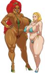 2_girls blonde_hair brown_skin cyberboi earrings embarrassed gigantic_breasts muscular muscular_female orange_hair pointy_ears ponytail princess_zelda size_difference sling_bikini slingshot_swimsuit the_legend_of_zelda urbosa