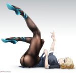 1girl ass blonde blonde_hair blue_eyes clothed female female_human female_only gwen_stacy human kilalesi kilalesi_(artist) legs_up lying lying_on_back marvel pantyhose short_blonde_hair short_hair skirt skirt_lift solo spider-man_(series)