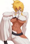 1girl big_breasts bleach blonde_hair bubble_butt cleavage dark-skinned_female green_eyes harribel_tia horny inviting_to_sex looking_at_viewer pose sitting still_dope teasing thick_thighs tia_harribel tier_harribel undressing