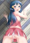 1_girl 1girl alternate_costume ass bare_arms blue_eyes blue_hair blush cheerleader cheerleader_outfit cheerleader_uniform clothed dawn dawn_(pokemon) female female_human female_only g@rnet hikari_(pokemon) human long_blue_hair long_hair looking_at_viewer looking_back open_mouth panties pokemon pussy short_skirt skirt sleeveless solo standing thigh_gap upskirt