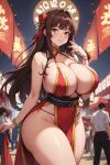 anime_style brown brown_eyes brown_hair curvy_figure huge huge_breasts kimono long red thighs