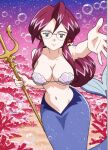 1girl accurate_art_style alluring big_breasts holding_trident lorelei magenta_hair merfolk mermaid ocean pokemon pokemon_(anime) pokemon_frlg seashell_bikini seashell_bra teal_eyes trident underwater viz_media