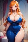 anime blue brown_eyes curvy dress figure hair huge huge_breasts long orange thighs