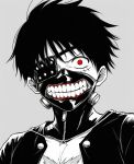 1boy 1girl ai_generated bangs black_hair crossover eyepatch grey_background jacket jewelry looking_at_viewer male_focus mask monkey_d._luffy monochrome necklace one_piece red_eyes scar scar_on_face shirt short_hair simple_background spot_color teeth tokyo_ghoul upper_body zipper