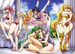 1girl 6+girls alluring artist_logo ass ayra_(fire_emblem) barefoot big_breasts black_hair blonde_hair blue_bra blue_sky blush bra brigid_(fire_emblem) butt_crack cleavage cloud deirdre_(fire_emblem) deviantart_username double_bun edain_(fire_emblem) erinys_(fire_emblem) ethlyn_(fire_emblem) facebook_username feet female_focus fire_emblem fire_emblem:_genealogy_of_the_holy_war garter_straps grabbing_another's_ass green_eyes green_hair groping hair_bun harem intelligent_systems ishtar_(fire_emblem) jadenkaiba jewelry kneel lachesis_(fire_emblem) lingerie logo long_hair matching_hair/eyes medium_breasts multiple_girls necklace nintendo nipples orange_bra panties pink_hair pixiv_username purple_bra purple_eyes purple_panties saliva saliva_trail see-through_clothes silver_hair silvia_(fire_emblem) sitting sky smile standing stockings thong toes underwear underwear_only watermark web_address yellow_bra yellow_eyes yellow_panties yellow_thighhighs yuri