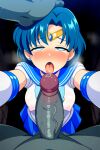  ahoge ai_generated ami_mizuno bishoujo_senshi_sailor_moon blue_hair blush breath dark_skin empty_eyes erection fellatio gloves hand_on_another&#039;s_head imminent_fellatio licking licking_penis miniskirt nipples_visible_through_clothing penis sailor_mercury short_hair tiara tongue_out veiny_penis 