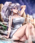 1girl 1girl alluring arm_up big_breasts fire_emblem fire_emblem:_genealogy_of_the_holy_war fire_emblem_heroes high_res hocen intelligent_systems ishtar_(fire_emblem) jewelry necklace nintendo onsen purple_hair pussy side_ponytail sitting steam towel vilde_loh_hocen wet