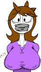 1girl 1girl 1girls big_breasts black_eyes bondage breasts brown_hair clothed clothing edit gag jaiden jaiden_animations jaidenanimations je20 long_neck looking_at_viewer neck scared shocked tape tape_gag taped_mouth white_body white_skin youtube youtuber
