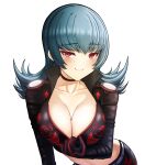 1girl alluring arm_under_breasts big_breasts blue_hair bodysuit cleavage collarbone leather_jacket looking_at_viewer medium_hair natsume_(pokemon) naughty_face nintendo pokemon pokemon_frlg pokemon_gsc pokemon_hgss pokemon_rgby red_eyes sabrina sabrina_(pokemon) saikunartworks simple_background smiling_at_viewer solo_female solo_focus teasing white_background zipper