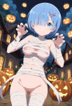 bandages big_breasts blue_eyes blue_hair halloween looking_at_viewer mummy_costume nekom14 nipple_slip nipples no_bra no_panties one_eye_covered pumpkin pussy re:zero_kara_hajimeru_isekai_seikatsu rem_(re:zero) short_hair