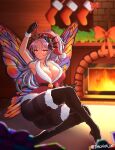 1girl :d alluring alternate_costume ass big_ass big_breasts boots christmas christmas_outfit cleavage fairy fairy_wings female_only fire fire_emblem fire_emblem_heroes gloves grey_hair grin hourglass_figure indoors intelligent_systems jarckius long_hair looking_at_viewer mistletoe nintendo orange_eyes pantyhose plumeria_(fire_emblem) ponytail sitting smile thigh_high_boots thighs