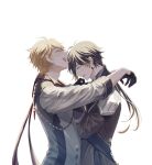 2boys black_hair brown_jacket closed_eyes couple duo earrings genshin_impact grey_jacket happy head_back head_down hugging jacket jewelry laughing long_hair long_sleeves love low_ponytail lower_teeth lower_teeth_only male/male male_only multiple_boys neck open_mouth orange_hair ponytail romantic romantic_couple round_teeth short_hair smile tartaglia_(genshin_impact) teeth tied_hair uoo_minagiru uoo_minagiru_(artist) upper_teeth upper_teeth_only yaoi zhongli_(genshin_impact)