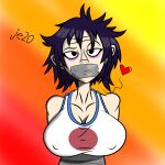1girl arms_behind_back asian big_breasts bondage bound_arms breasts clothing gorillaz human je20 looking_at_viewer nipples noodle_(gorillaz) noodle_(pac-man) pale_skin punk_girl sportswear tank_top tape_gag taped_mouth