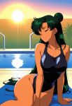 1990s_(style) 1girl accurate_art_style adult_swim alluring bare_legs big_breasts bikini bishoujo_senshi_sailor_moon bishoujo_senshi_sailor_moon_r bishoujo_senshi_sailor_moon_s bishoujo_senshi_sailor_moon_s_the_movie bishoujo_senshi_sailor_moon_supers bishoujo_senshi_sailor_moon_supers_the_movie cleavage closed_eyes dark_green_eyes kaoru_irono one-piece_bikini pin_up poolside posing retro_artstyle setsuna_meiou sunset swimming_pool toei_animation toonami viz_media
