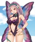 1girl 1girl alluring alternate_costume big_breasts black_bikini black_one-piece_bikini cleavage fairy fairy_wings fire_emblem fire_emblem_heroes grey_hair hands_on_hips intelligent_systems looking_at_viewer nintendo official_alternate_costume one-piece_bikini outside plumeria_(fire_emblem) red_eyes swimsuit symoca thighs
