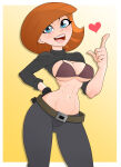 1girl ann_possible belt big_breasts black_gloves black_shirt blue_eyes blush border bra breasts brown_belt cleavage disney female_only female_solo gloves gradient gradient_background grey_pants hand_on_hip hand_up head_tilt heart index_finger_raised kim_possible lips long_sleeves looking_at_viewer midriff milf navel open_mouth orange_hair outside_border pants rodjim round_teeth shirt short_hair single_glove smile standing teeth turtleneck turtleneck_shirt under_boob upper_teeth upper_teeth_only upshirt white_border yellow_background