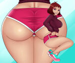 1girl 1girls asian asian_female ass ass_focus big_ass big_breasts breasts butt_focus gorillaz noodle_(cracker_island) noodle_(gorillaz) pussy pussy_visible_through_thighs red_hair short_shorts shorts sideboob sonson-sensei squat squatting sweater