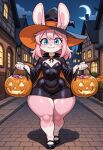 1girl ai_generated anthro anthro_female anthro_focus blue_eyes bunny_ears bunny_girl candy_bucket candy_pail crescent_moon cub female_anthro female_focus female_only footwear furry furry_female furry_only grin halloween halloween_2025 halloween_bucket halloween_costume medium_hair night night_sky nighttime pink_fur pink_hair shoes short_dress small_breasts smile starry_sky tagme thick_thighs town wide_hips witch witch_costume witch_hat young young_anthro young_female