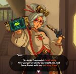 1girl bare_shoulders black_gloves blush breasts brown_eyes character_name device english_text eyeshadow female_only female_solo glasses gloves grey_hair half-closed_eyes holding holding_object indoors infinity_symbol lips looking_at_viewer makeup medium_breasts neck nintendo open_mouth pepprnsalt pepprnsalt_(artist) purah purah_(tears_of_the_kingdom) red_eyeshadow round_teeth scientist sheikah short_hair small_breasts speech_bubble standing talking tears_of_the_kingdom teeth text the_legend_of_zelda the_legend_of_zelda:_tears_of_the_kingdom thick_lips upper_teeth upper_teeth_only