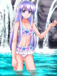 1girl 74 7774 alluring alternate_costume bikini circlet cleavage collarbone fire_emblem fire_emblem:_genealogy_of_the_holy_war flower intelligent_systems julia_(fire_emblem) light_purple_hair long_hair navel nintendo partially_submerged purple_eyes smile swimsuit very_long_hair wading water white_bikini white_swimsuit