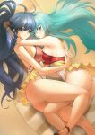 1girl 2_girls ahoge alluring alternate_costume anklet aqua_eyes aqua_hair ass beach beach_towel big_breasts blue_eyes blue_hair blush braid breast_press cosplay covered_nipples deekei earrings eirika_(fire_emblem) english_commentary eyebrows_visible_through_hair feet_out_of_frame female_only fire_emblem fire_emblem:_the_sacred_stones fire_emblem_heroes hair_ornament high_res holding_person hugging intelligent_systems jewelry leg_between_thighs long_hair looking_at_viewer lying multiple_girls nintendo official_alternate_costume on_side one-piece_bikini ponytail sand sandals shadow shy side_braid sideboob sidelocks signature smile swimsuit swimsuit_skirt symmetrical_docking tana_(fire_emblem) tana_(fire_emblem)_(cosplay) thighs towel very_long_hair wet yuri