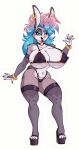 1girl big_ass big_breasts bikini bimbofication blue_hair bunny bunny_tail cute earrings eltonpot gloves heart_necklace long_ears long_hair necklace piercing pink_hair platform_shoes posing rabbit seductive sexy smile thighs